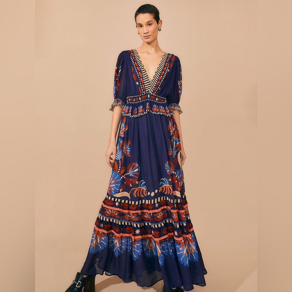 Farm Rio Nature Beauty Blue Short Sleeve Maxi Dress